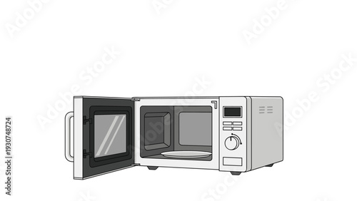 Modern silver microwave oven is shown with its door open revealing a clean interior and a glass turntable ready for heating food items.