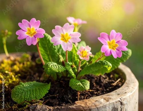 Potted pink primrose blossoms, green leaves, and moss in sunlight, rustic