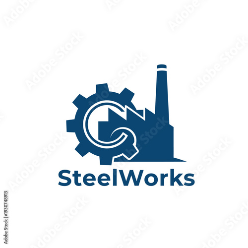 Factory building silhouette with gear icon logo for steel manufacturing SteelWorks