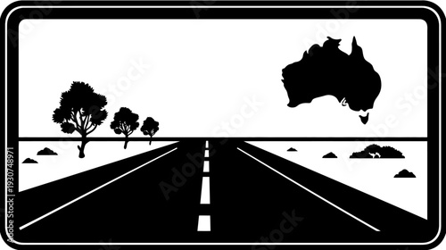 A black and white illustration of a road leading into the distance with a land silhouette