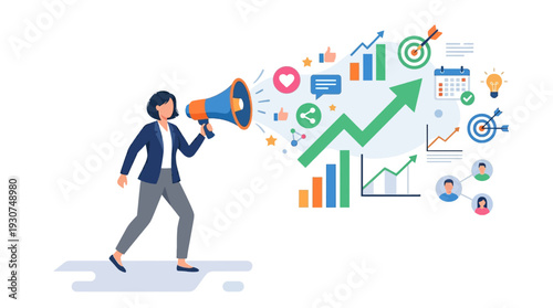 Teamwork Marketing Growth Concept Business Strategy Vector Illustration. Modern flat vector illustration of teamwork marketing growth concept showing business people collaborating to achieve marketing