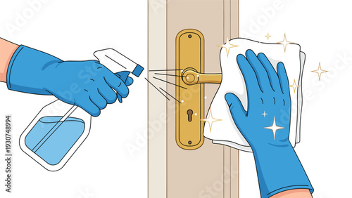 Person wearing blue protective gloves cleans a golden door handle using a spray bottle and a white cloth to maintain home hygiene.