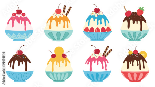 Assorted collection of eight colorful shaved ice desserts served in glass bowls topped with fruits syrups and chocolate drizzles.