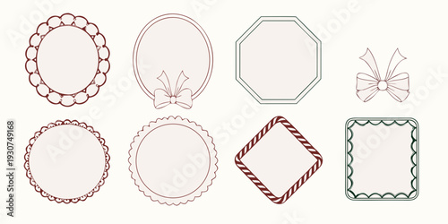 Collection of decorative frames and ribbons in muted brown and green tones