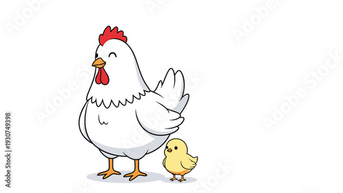 Friendly white hen stands proudly next to its small yellow chick in a charming illustration of farm animal family life and nature.
