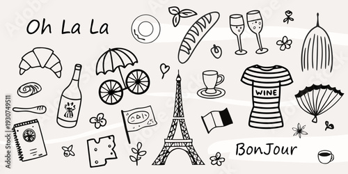 Parisian themed doodles including food landmarks and decorative elements