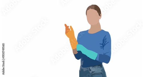 Joyful woman wearing rubber gloves ready for house cleaning isolated on white with copy space