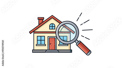 Detailed house illustration viewed through a large magnifying glass representing real estate inspections home searching and appraisal.