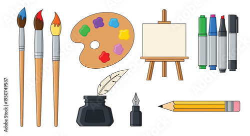 Colorful art supplies including brushes paints and writing tools displayed together