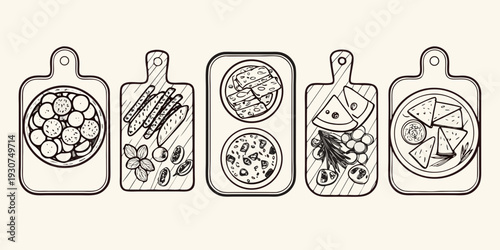 Hand drawn illustration of various foods displayed on wooden cutting boards