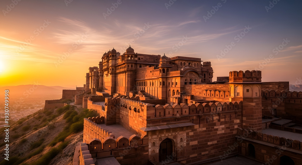 Fototapeta premium Ancient sandstone fortresses bathed in warm sunset light perched on a hilltop overlooking a vast landscape