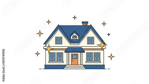 Beautiful suburban house shines brightly with golden stars suggesting it has been freshly cleaned renovated or is newly built.