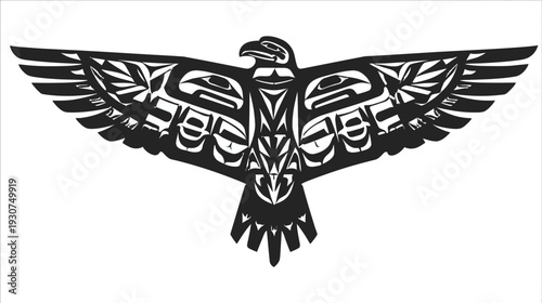 A black and white stylized illustration of a bird with outstretched wings in a Native American art style