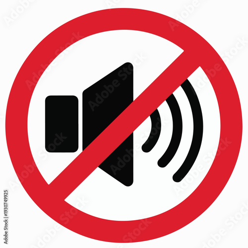 Mute symbol with speaker icon and red prohibition sign on white background no sound silent