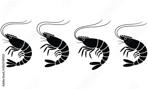 Collection of four black shrimp silhouettes with varying antennae positions on a white background, perfect for seafood and marine life designs.