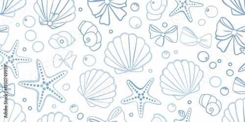 A delicate pattern of seashells starfish and bows in light blue