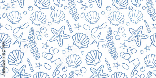 Blue sketch of various seashells starfish and marine life patterns