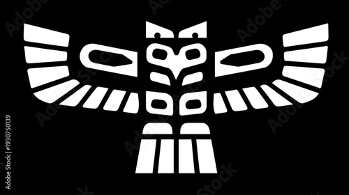 Black and white stylized illustration depicting a totem-like figure with spread wings