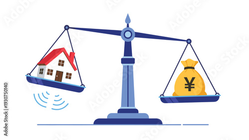 Set of blue scales balances a small house against a large bag of money to represent property value mortgage costs and investments.