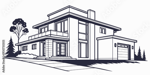 Modern two-story house with a garage and a tree in the front yard