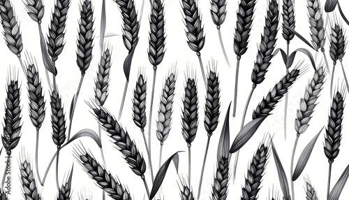 Repeated close-up of wheat stalks on a white background. Gray scale, stylized