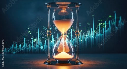 Antique glass hourglass with flowing sand represents a retro business concept where the passing hour and measurement of time highlight a looming deadline