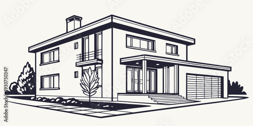 Modern house with large windows and a double garage in a suburban setting.