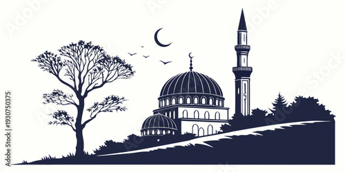 Silhouette of a mosque with a crescent moon and a tree in the foreground