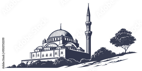 A majestic mosque with a tall minaret and a dome, set against a hillside with a tree