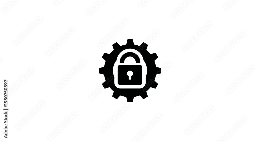 Obraz premium A black and white graphic showing a padlock icon inside of a gear