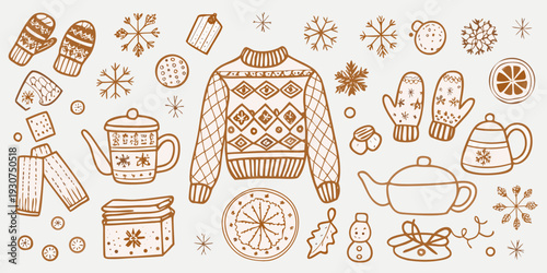 Cozy winter scene with knitted items hot drinks and snowflake patterns