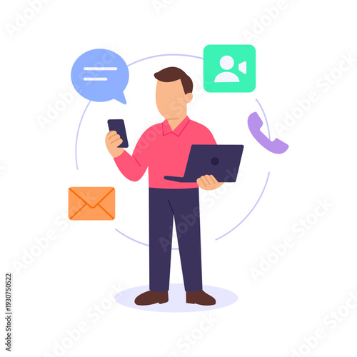 Unified Communication, integrating messaging and collaboration tools, Flat vector character illustration