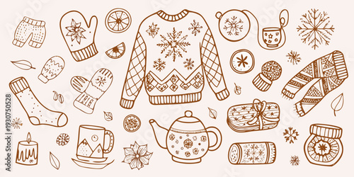 Hand drawn winter collection featuring cozy clothing gifts and warm drinks