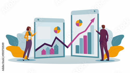 Business professionals analyzing data on mobile devices