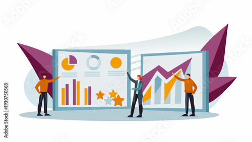 Business team analyzing data on large screens with graphs