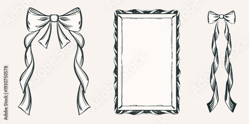 Elegant sketch of a framed mirror with decorative ribbon bows
