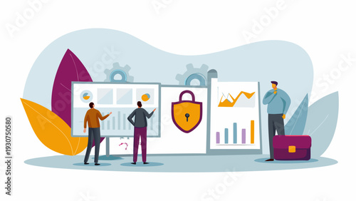 Business team analyzing data and security in modern office setting