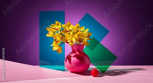 Wallpaper Mural A pink vase with yellow flowers on a pink surface Torontodigital.ca