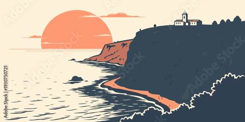 A serene sunset over a rocky coastline with a lone figure standing on the cliff.