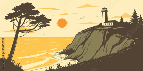 A serene lighthouse stands tall on a cliff overlooking a vast ocean at sunset.