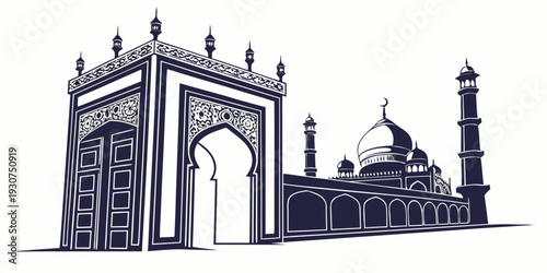 Detailed illustration of the taj mahal with its iconic arch and minarets