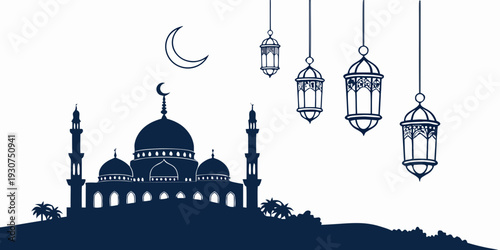 Silhouette of a mosque with crescent moon and lanterns in the night sky