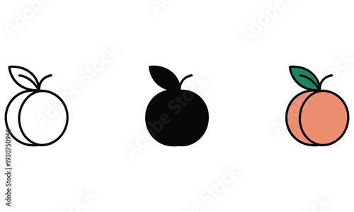 Simple illustrations of peaches in various stages of completion against a clean white background showcasing minimalistic design and artistic progression from outline to fully colored peach.