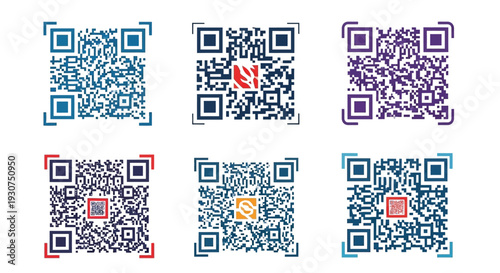 Collection of six diverse quick response codes on a white background
