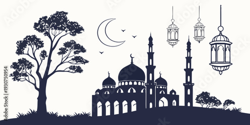 Silhouette of a mosque with minarets and lanterns under a crescent moon and stars