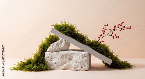 Wallpaper Mural A white stone and moss covered object with a red plant Torontodigital.ca