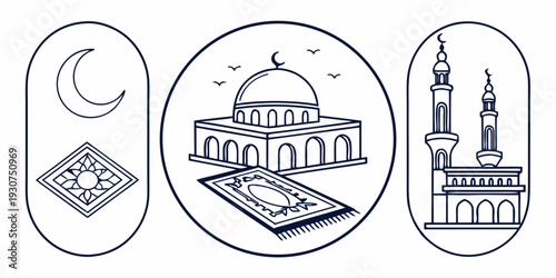Illustration of islamic symbols including a mosque, a prayer rug, and a crescent moon