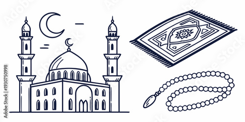 A serene mosque illustration with a prayer rug and prayer beads
