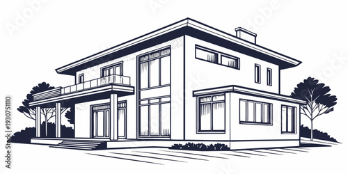 Modern two-story house with large windows and a sloped roof