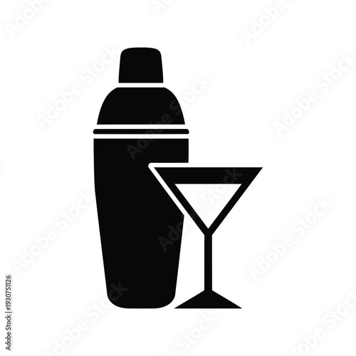 Cocktail Shaker and Martini Glass Vector Silhouette Icon for Bar Menu Design